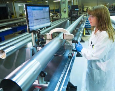 A Cameco worker tests a new calandria tube.