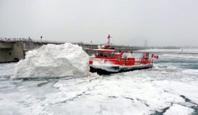 OPG's Niagara Queen II icebreaker takes on a massive ice floe on the Niagara River.