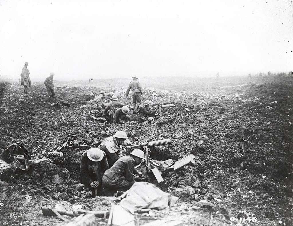 Black and white image of soldiers fighting in trenches at Vimy Ridge.
