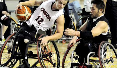 Parasport athletes complete in wheelchair basketball.