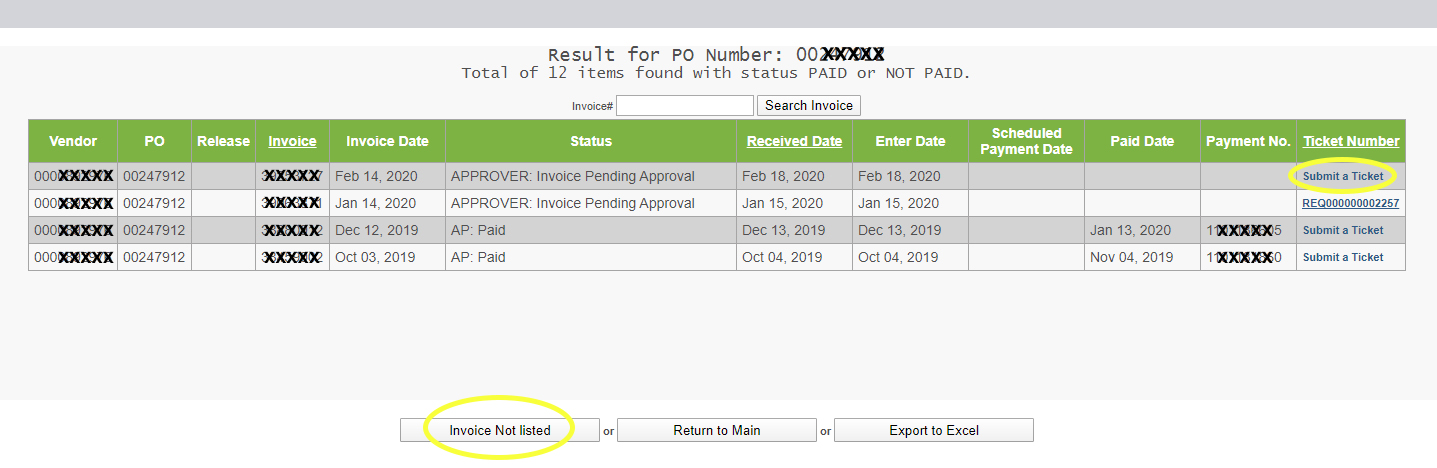 A screen capture of the invoice query tool showing how to submit a ticket