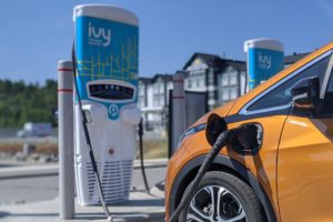 An electric vehicle charges up at an Ivy Charging Network charging station.