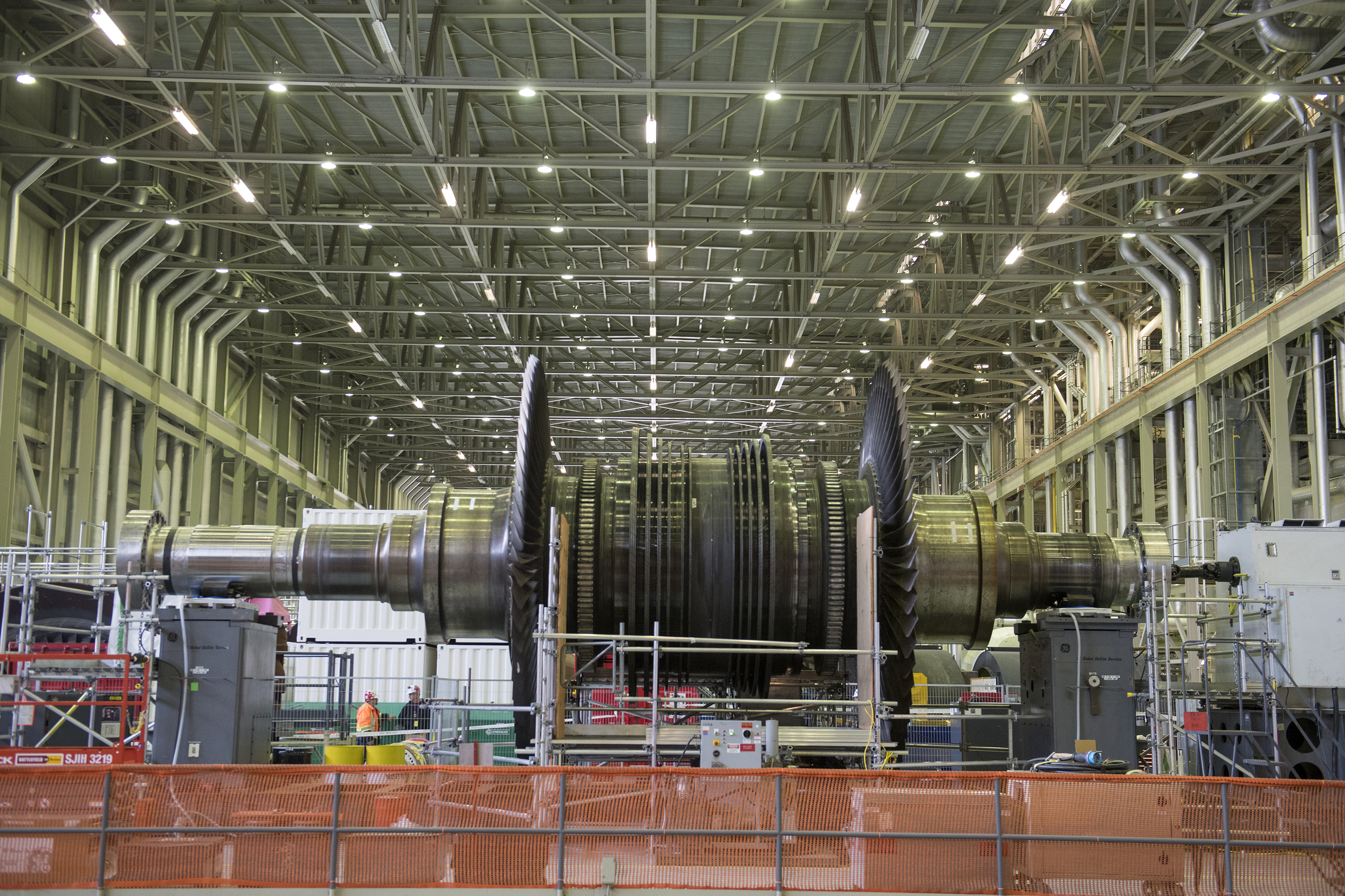 DNGS Low Pressure Turbine spindle removed and placed on a stand