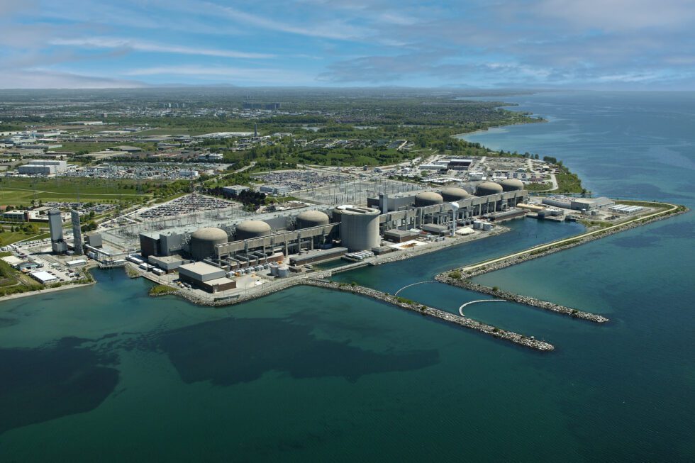 An aerial view of Pickering Nuclear Generating Station from Lake Ontario.