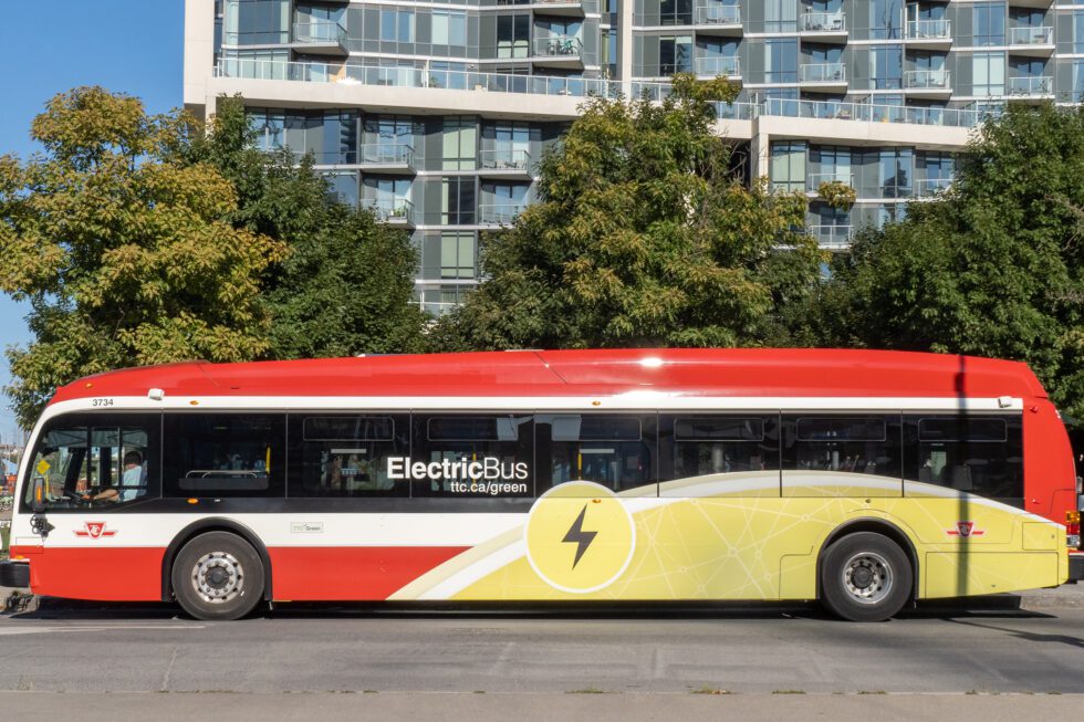 An electric bus under way in Toronto as part of an environmental project