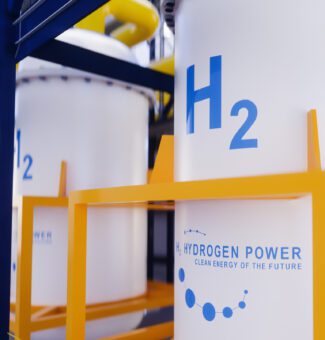 Hydrogen renewable energy production - hydrogen gas for clean electricity solar and windturbine facility. 3d rendering.