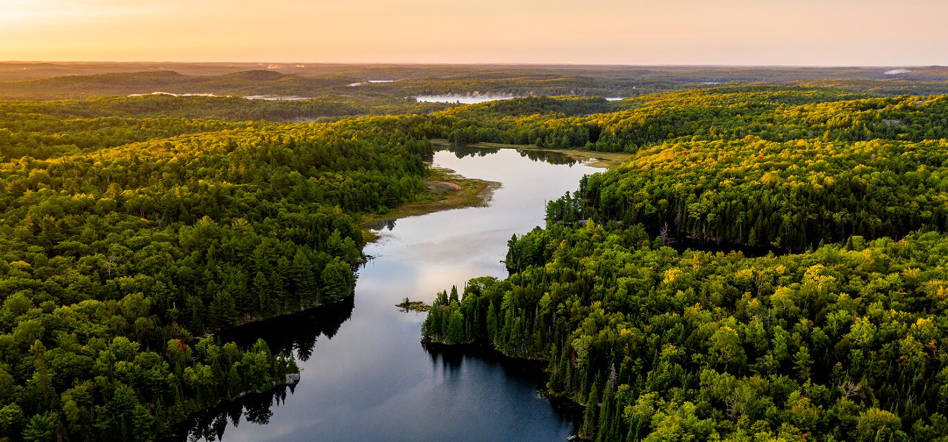 Lake in warm morning light from an aerial view