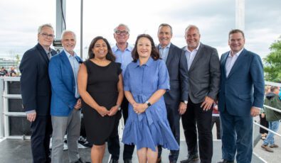 Durham Region Chair John Henry, Clarington Mayor Adrian Foster, Subo Sinnathamby, SVP Nuclear Refurbishment, Jim Reinsch, OPG’s Board of Directors, Wendy Kei, OPG’s Board Chair, Ken Hartwick, OPG’s President and CEO, Minister of Energy, Todd Smith, MPP Durham, Todd McCarthy join OPG employees and project partners at the Darlington Nuclear Generation Station to celebrate the halfway mark in the Darlington Refurbishment Project.