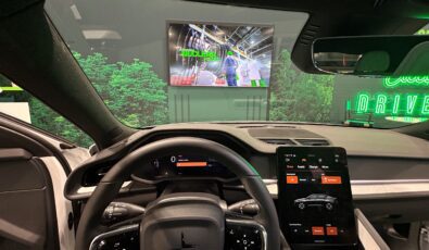 The view from inside a Polestar 2 at OPG's Electric Drive-in experience at the 2024 Canadian International AutoShow.