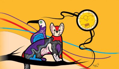 A piece of indigenous artwork featuring a fox, a bird and a dreamcatcher.