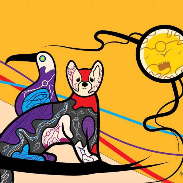 A piece of indigenous artwork featuring a fox, a bird and a dreamcatcher.
