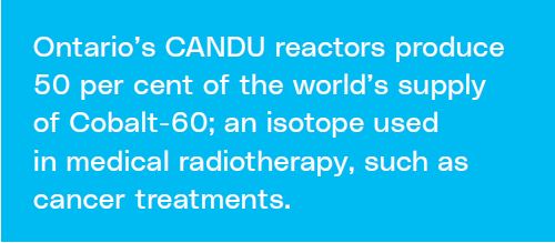 "Ontario’s CANDU reactors produce 50 per cent of the world’s supply of Cobalt-60; an isotope used in medical radiotherapy, such as cancer treatments."