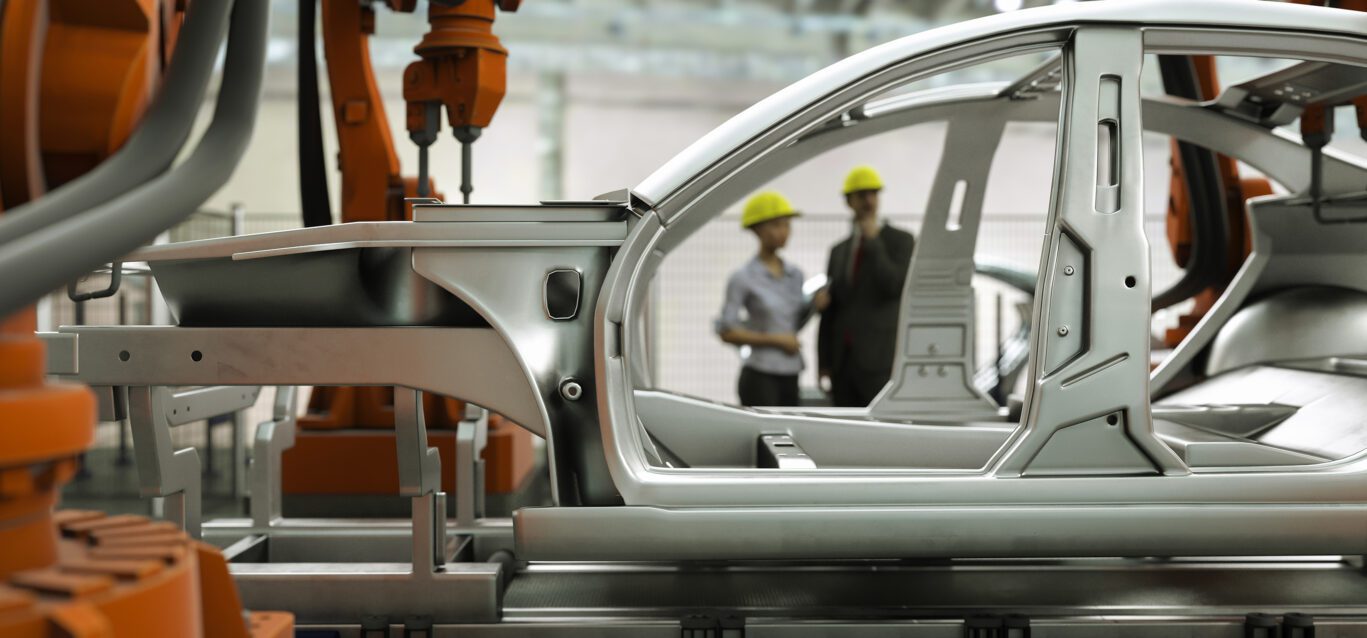 Car production line concept 3d render