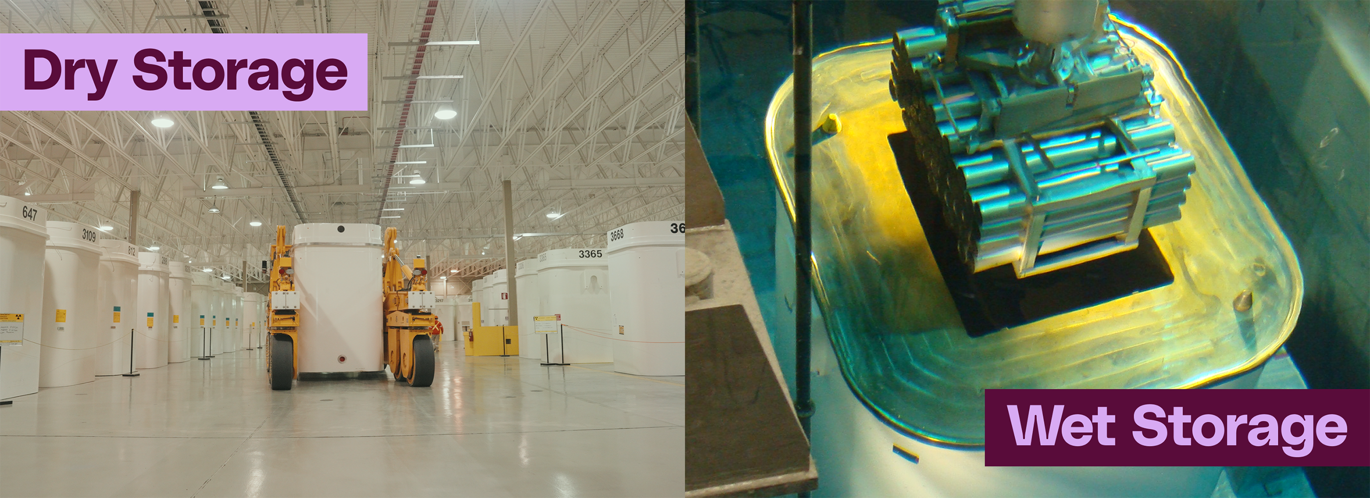 Left Image: high-level waste dry storage. Right Image: high-level waste wet storage