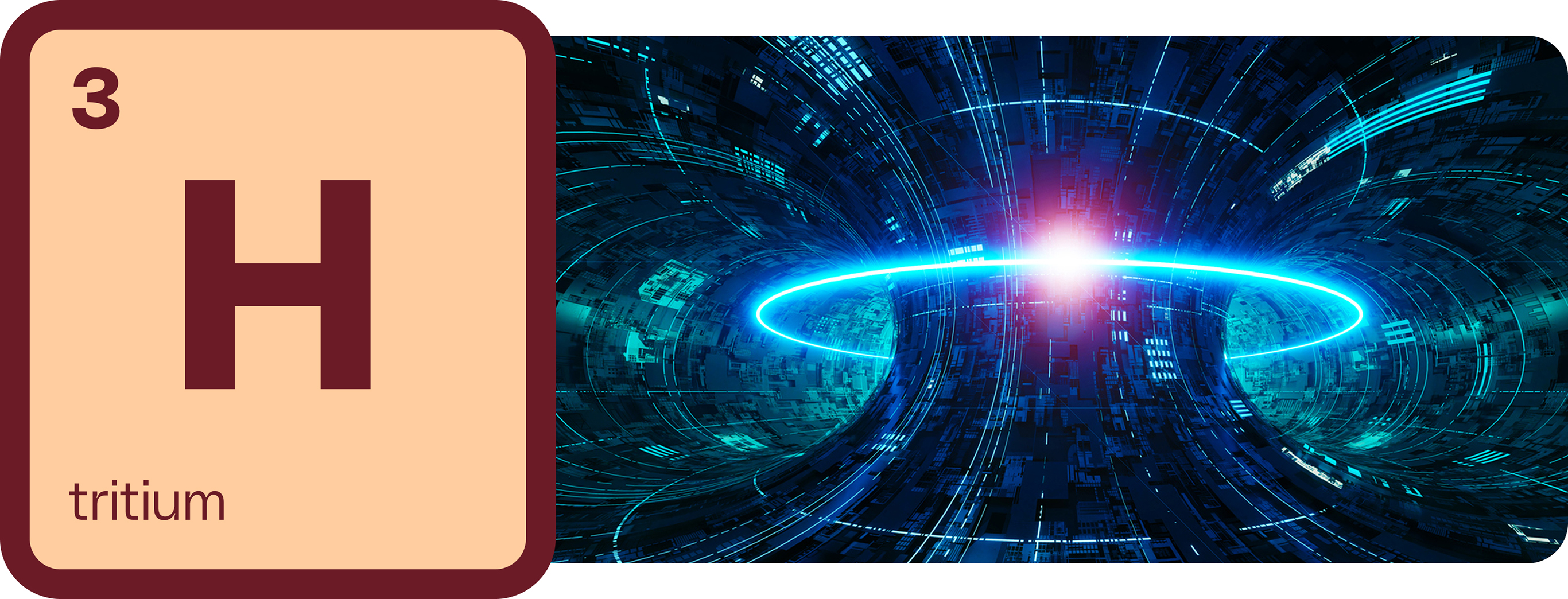 Left image: Tritium Isotope symbol. Right image: Artist visualization of nuclear fusion.