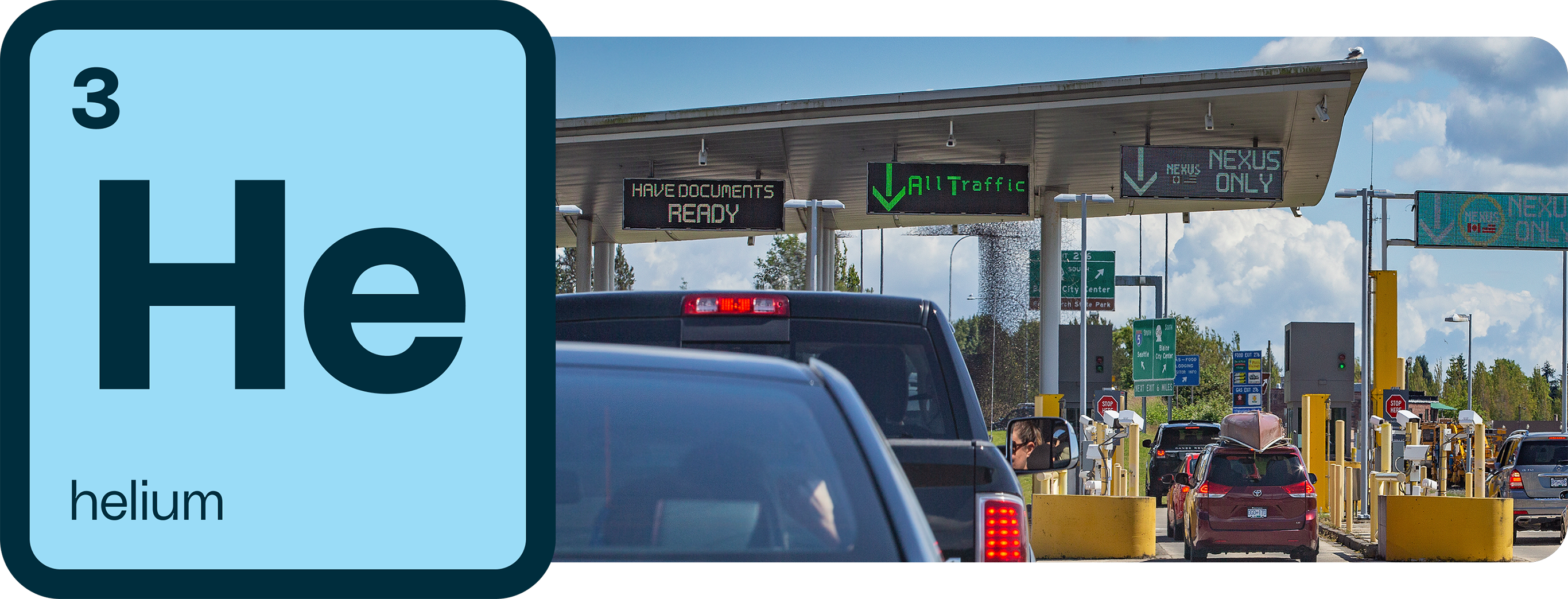 Left: Helium-3 isotope symbol. Right: Travellers going through border control security screening.