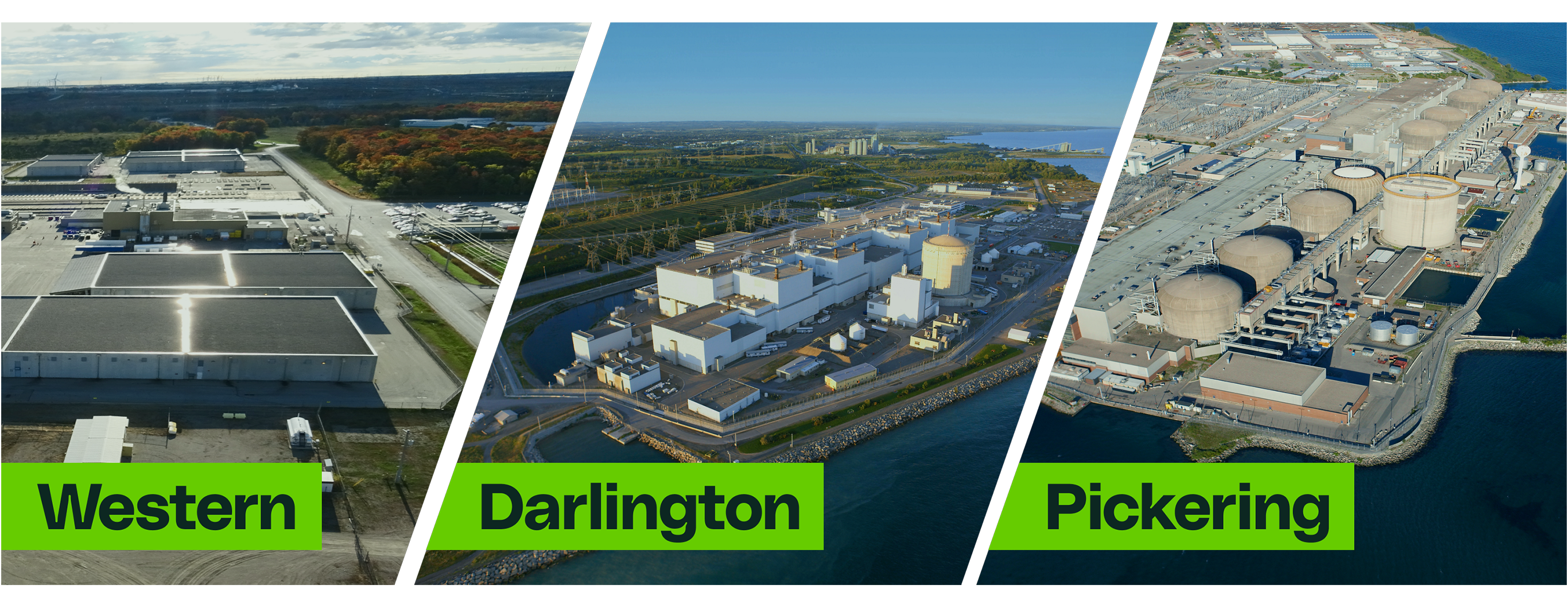 From left to right: Aerial photo of the Western, Darlington and Pickering waste facility locations.
