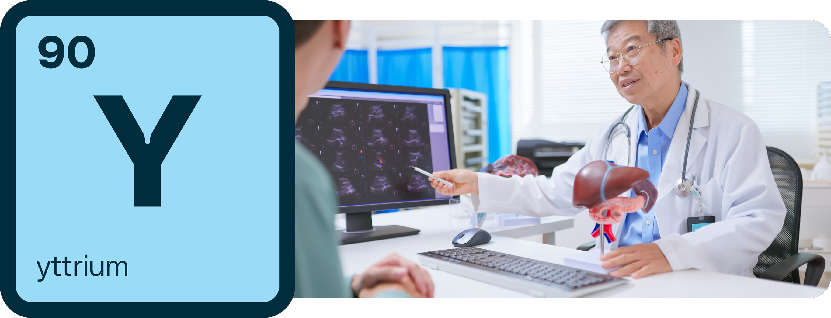 Left Image: Yttrium isotope symbol, Right Image: Doctor looking at diagnosis screen with patient